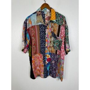 Peaceful People Mens XL Patchwork Rayon Short Sleeve Button Down Shirt Multi
